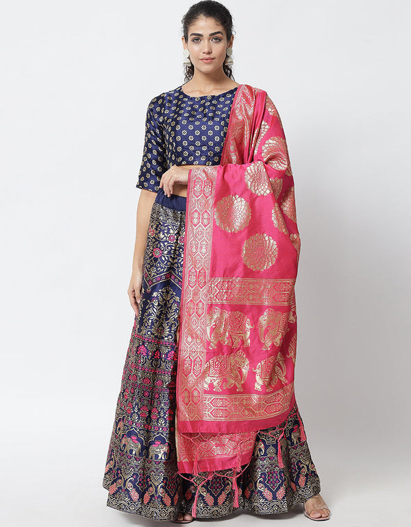 Navy Blue Banarasi Silk Jacquard Lehenga Choli