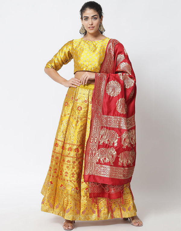 Yellow Banarasi Silk Jacquard Lehenga Choli