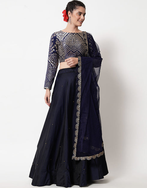 Navy Blue Jacquard Lehenga Choli