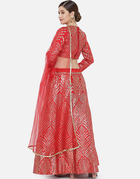 Red Banarasi Silk Jacquard Lehenga Choli Closure View