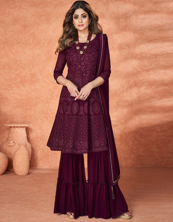 Real Georgette Wine Dress Suit Sharara Bottom
