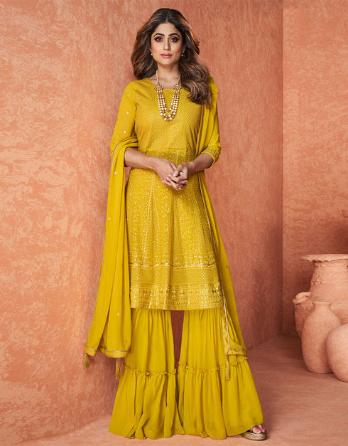 Real Georgette Mustard Dress Suit Sharara Bottom