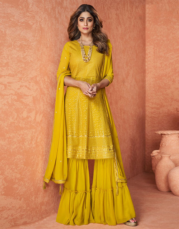 Real Georgette Mustard Dress Suit Sharara Bottom