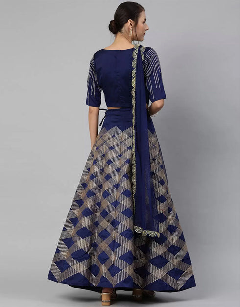 Navy Blue Satin Lehenga Choli Closure View