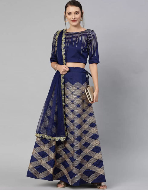Navy Blue Satin Lehenga Choli