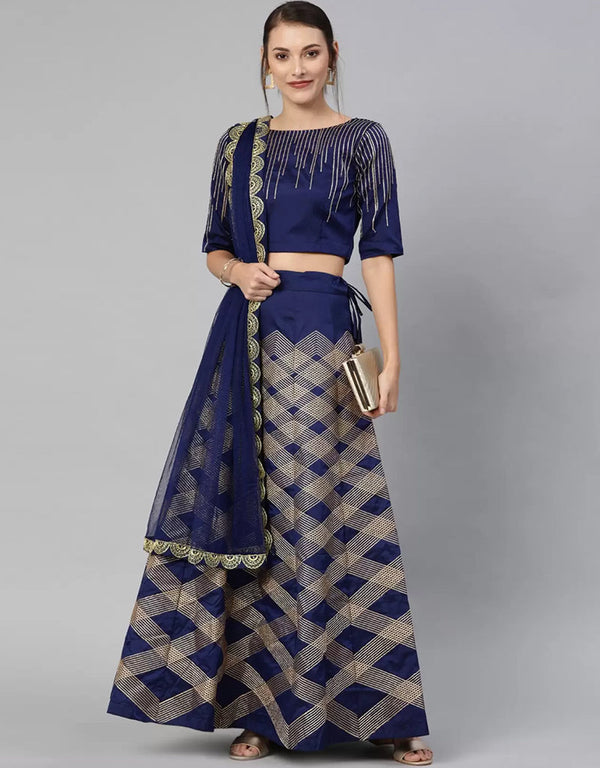 Navy Blue Satin Lehenga Choli