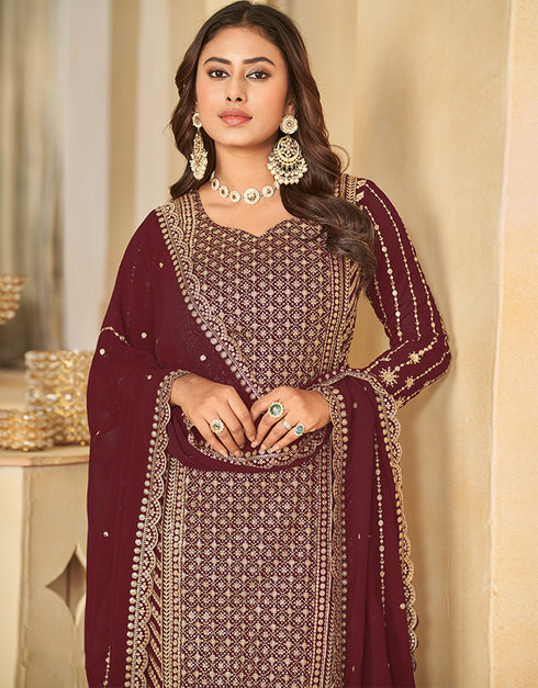 classy deep coffee faux georgette heavy designer wedding wear salwar suit with deep coffee faux georgette df-28-10284 Front View