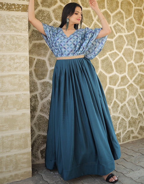 Blue Latest Designer Party Wear Readymade Chinon Gown Back View