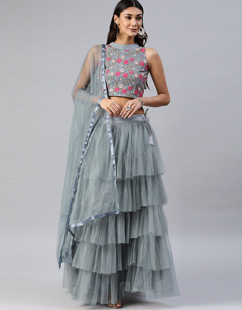 Grey Art Silk Lehenga Choli