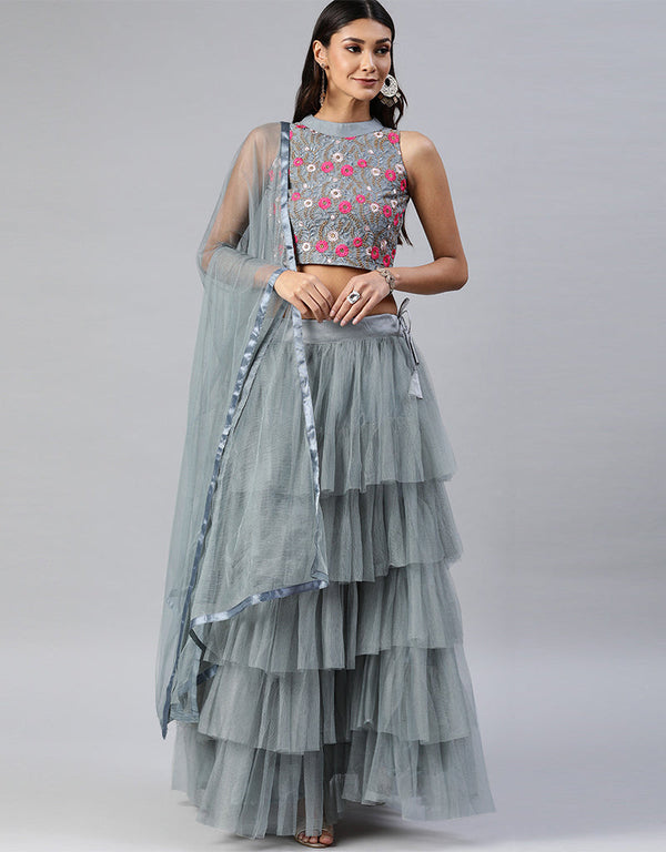Grey Art Silk Lehenga Choli