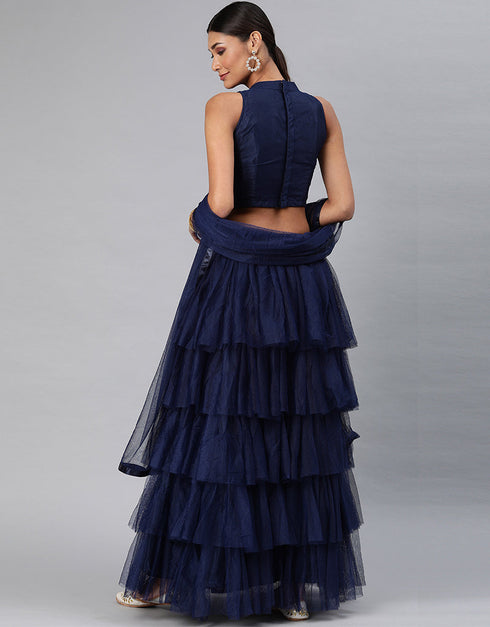 Navy Blue Art Silk Lehenga Choli Closure View