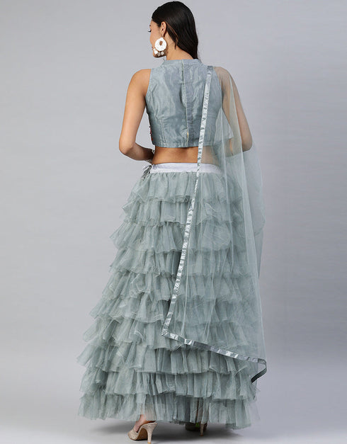 Grey Art Silk Lehenga Choli Closure View