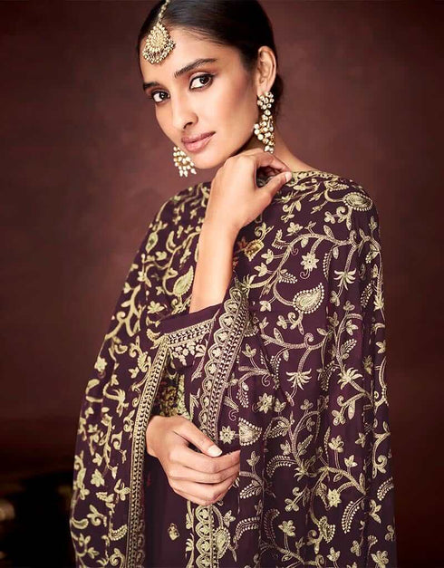 Purple Heavy Faux Georgette Pant Suit Back View