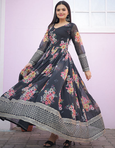 Black Latest Designer Party Wear Readymade Faux Georgette Gown Back View