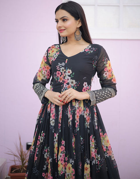 Black Latest Designer Party Wear Readymade Faux Georgette Gown Salwar Kameez