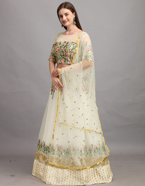 Off White Net Lehenga Choli Closure View