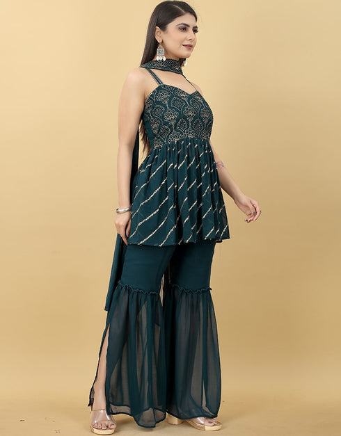 Teal Blue Georgette Sharara Suit Closure View