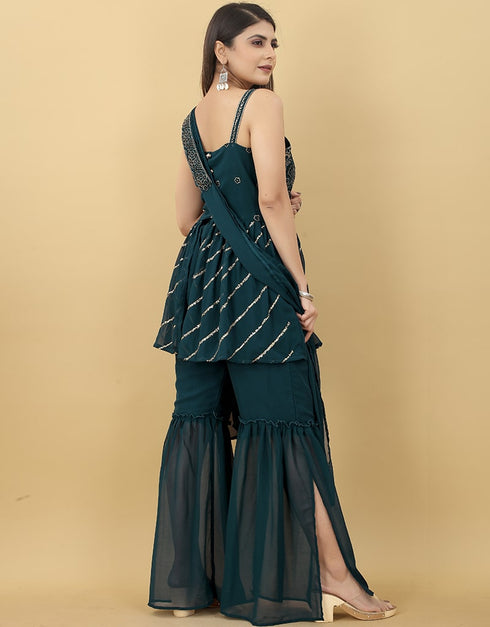 Teal Blue Georgette Sharara Suit Back View
