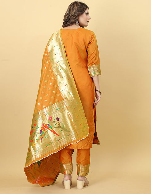 Mustard Paithani Silk Pant Suit Salwar Kameez