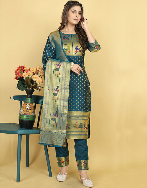 Teal Blue Pure Soft Silk Pant Straight Closure View