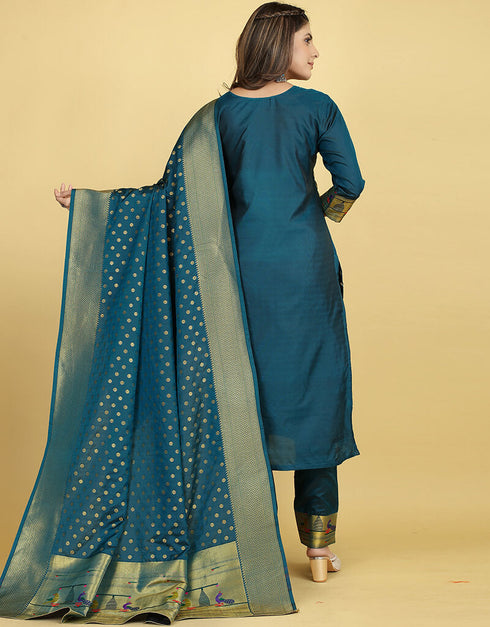 Teal Blue Pure Soft Silk Pant Straight Salwar Kameez
