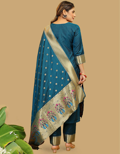 Teal Blue Pure Soft Silk Pant Straight Back View