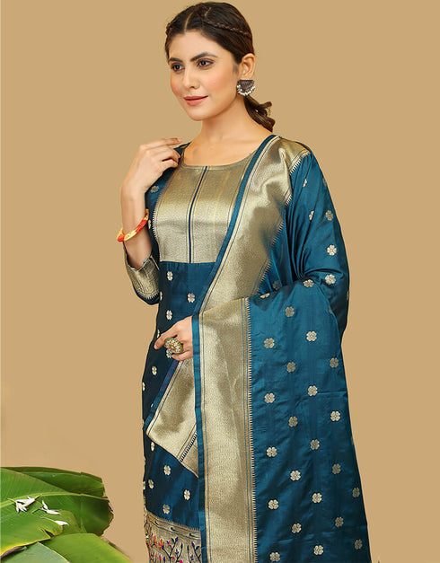 Teal Blue Pure Soft Silk Pant Straight Salwar Kameez