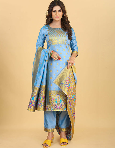 Blue Pure Soft Silk Pant Straight Closure View