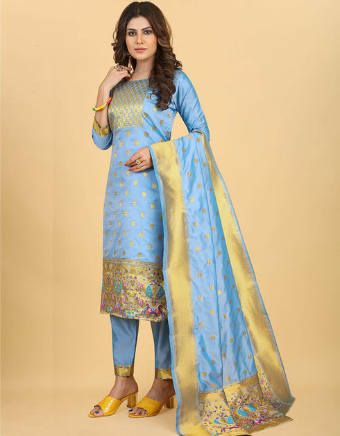 Blue Pure Soft Silk Pant Straight Back View