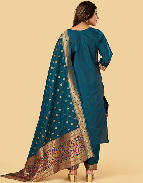 Teal Pure Soft Silk Pant Straight Back View