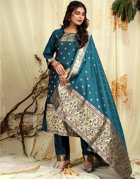 Teal Pure Soft Silk Pant Straight Closure View