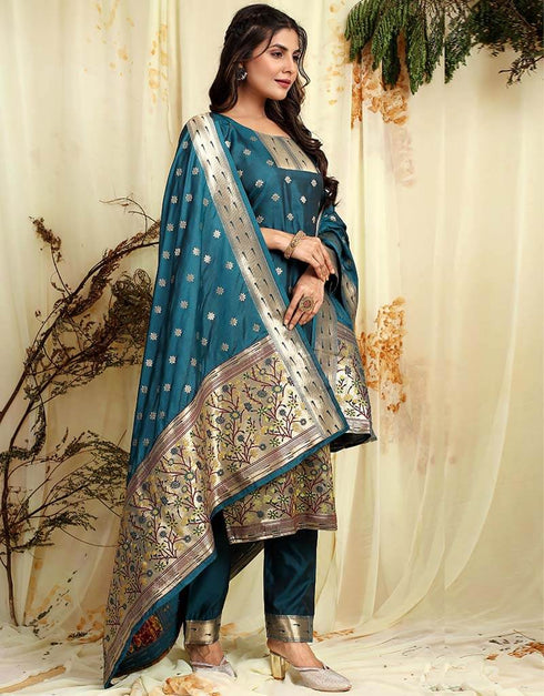 Teal Pure Soft Silk Pant Straight Back View