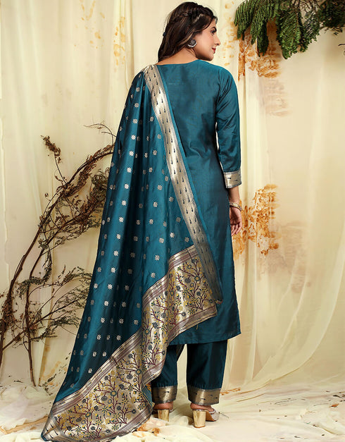 Teal Pure Soft Silk Pant Straight Salwar Kameez