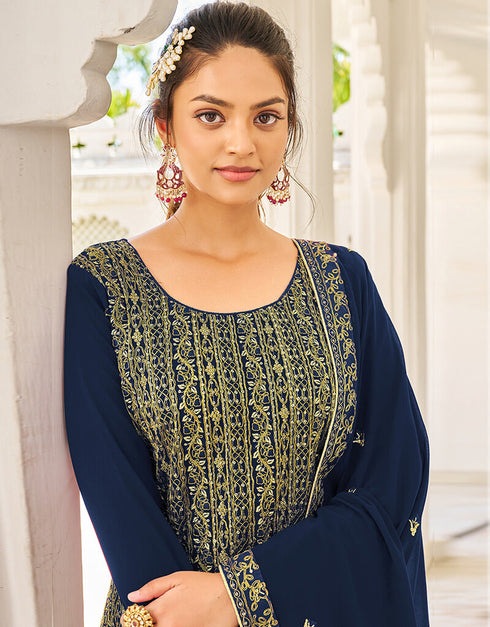 Blue Georgette Pant Straight Closure View