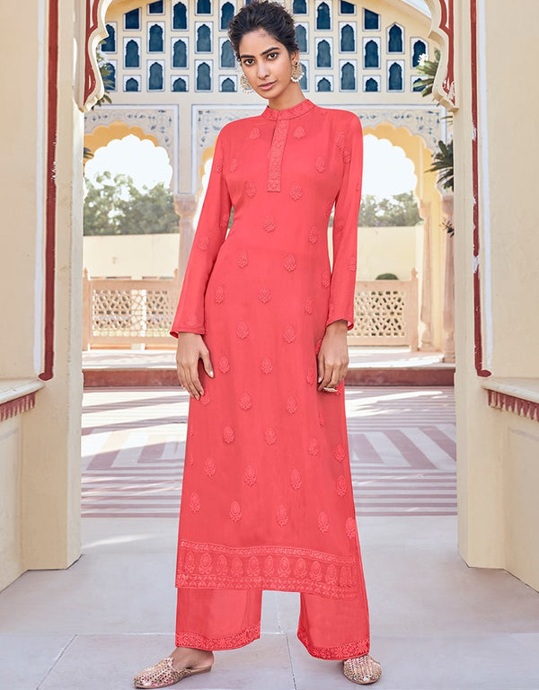 Dark Pink Faux Georgette Palazzo Suit