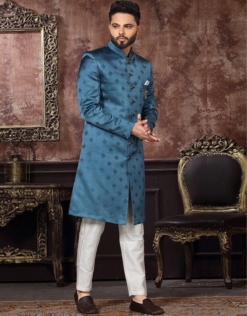 Teal Blue Kurta Jacquard Pant