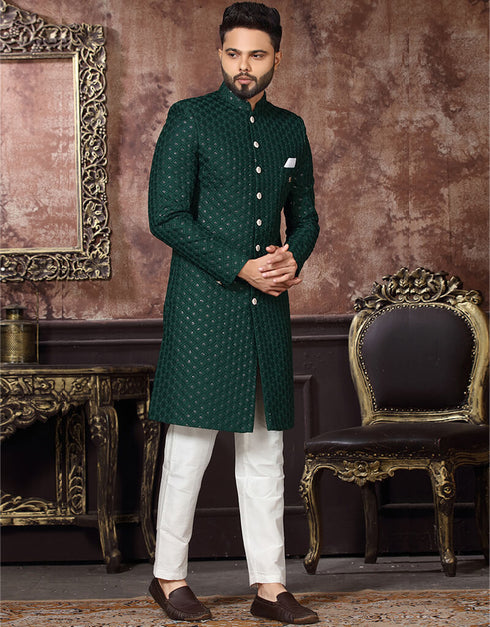 Bottle Green Kurta Art Silk With Embroidery Pant