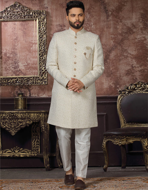 Off White Kurta Art Silk With Embroidery Pant