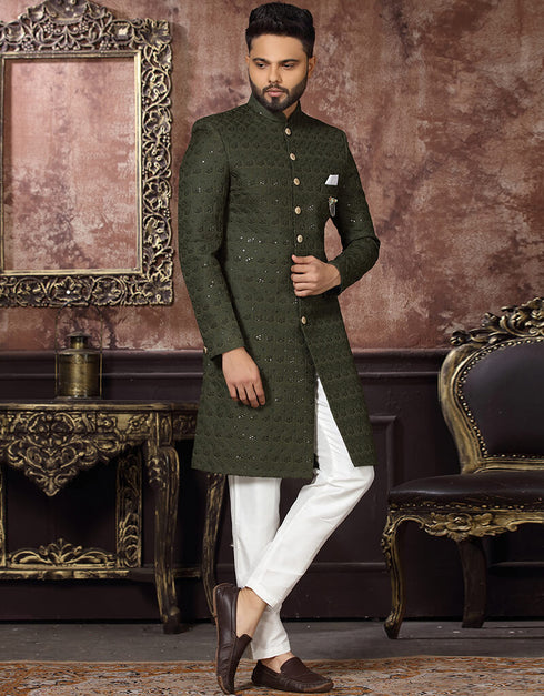 Mehendi Green Kurta Art Silk With Embroidery Pant
