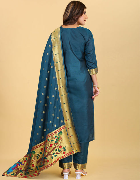 Teal Pure Soft Silk Pant Straight Salwar Kameez