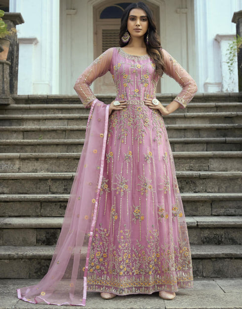 Greyish Pink Heavy Butterfly Net Pant Anarkali