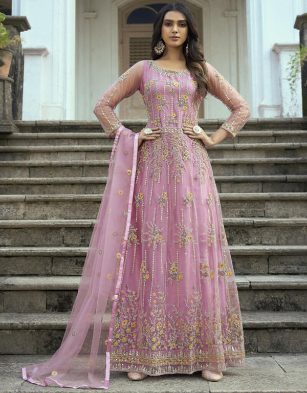 Greyish Pink Heavy Butterfly Net Pant Anarkali