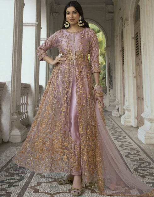 Wisteria Purple Heavy Butterfly Net Pant Anarkali