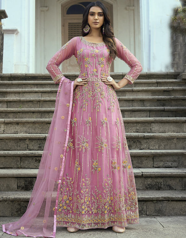Greyish Pink Heavy Butterfly Net Pant Anarkali