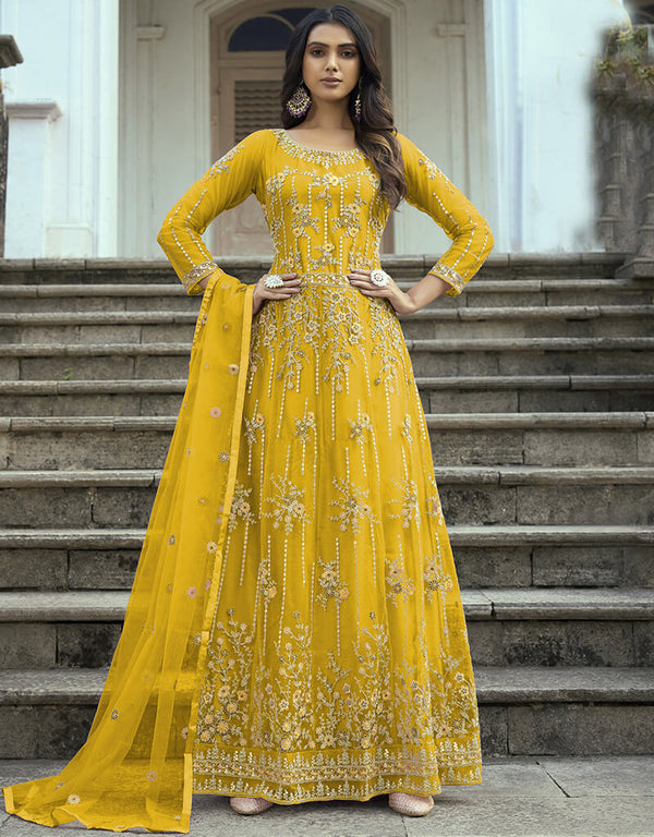 Fuel Yellow Heavy Butterfly Net Pant Anarkali