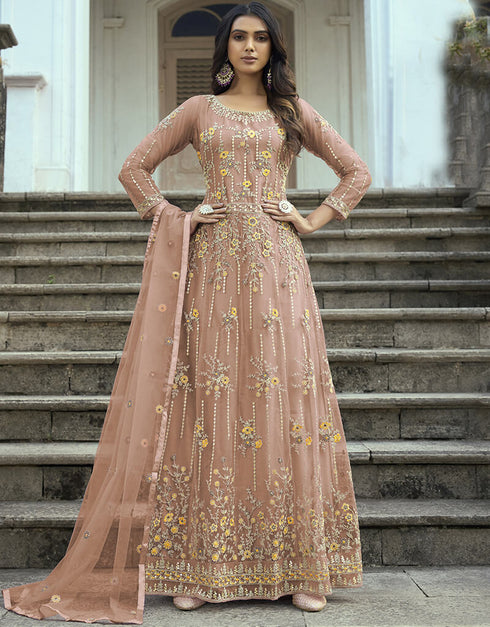 Pinkish Grey Heavy Butterfly Net Pant Anarkali