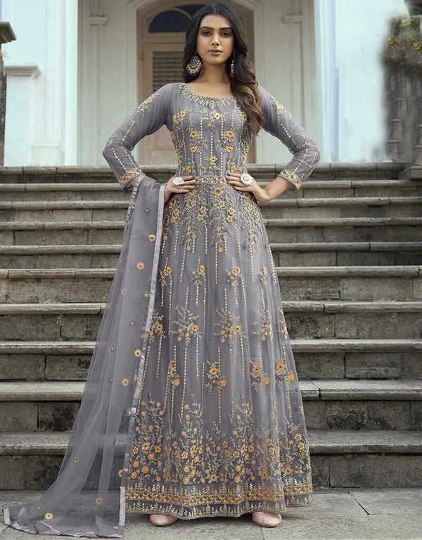 Grey Heavy Butterfly Net Pant Anarkali