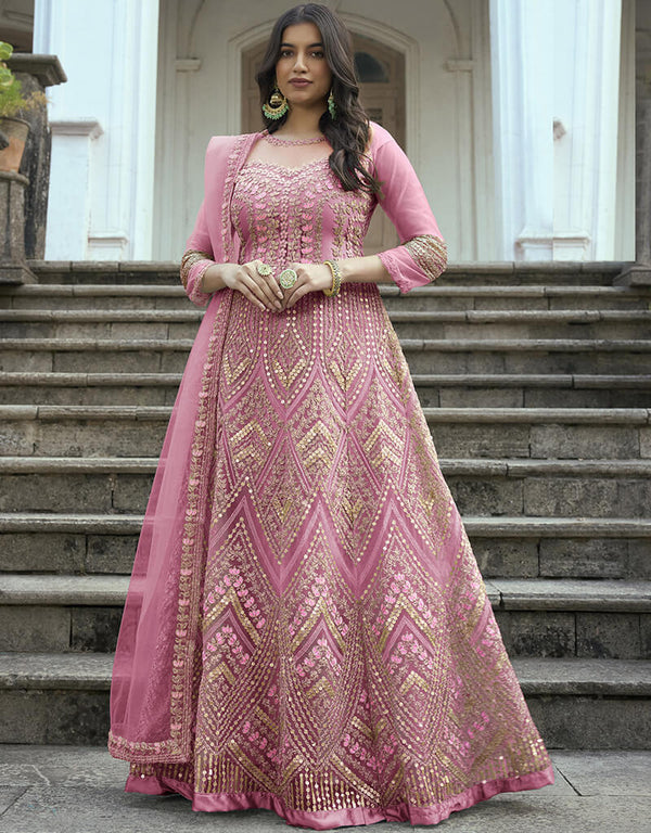Pinkish Grey Heavy Butterfly Net Pant Anarkali