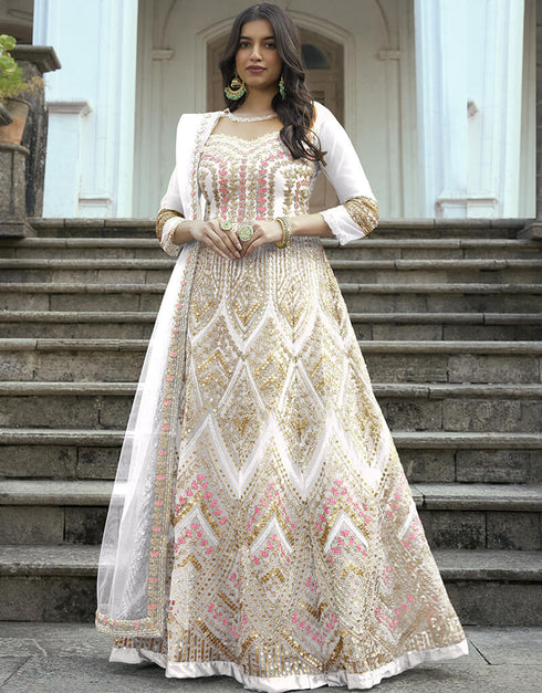 White Heavy Butterfly Net Pant Anarkali