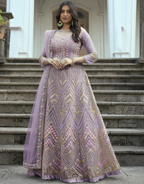 Pastel Purple Heavy Butterfly Net Pant Anarkali